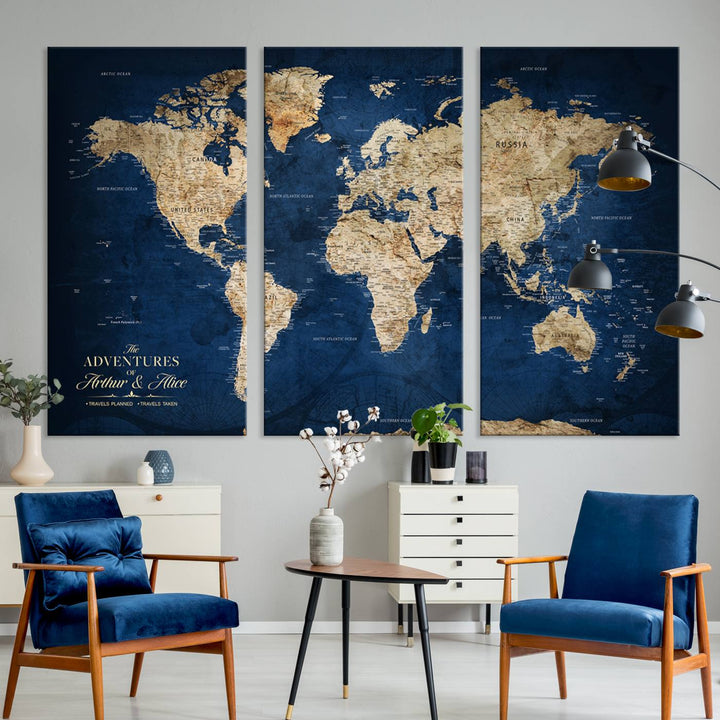 A Personalized Custom World Map Canvas Print on blue hangs prominently.