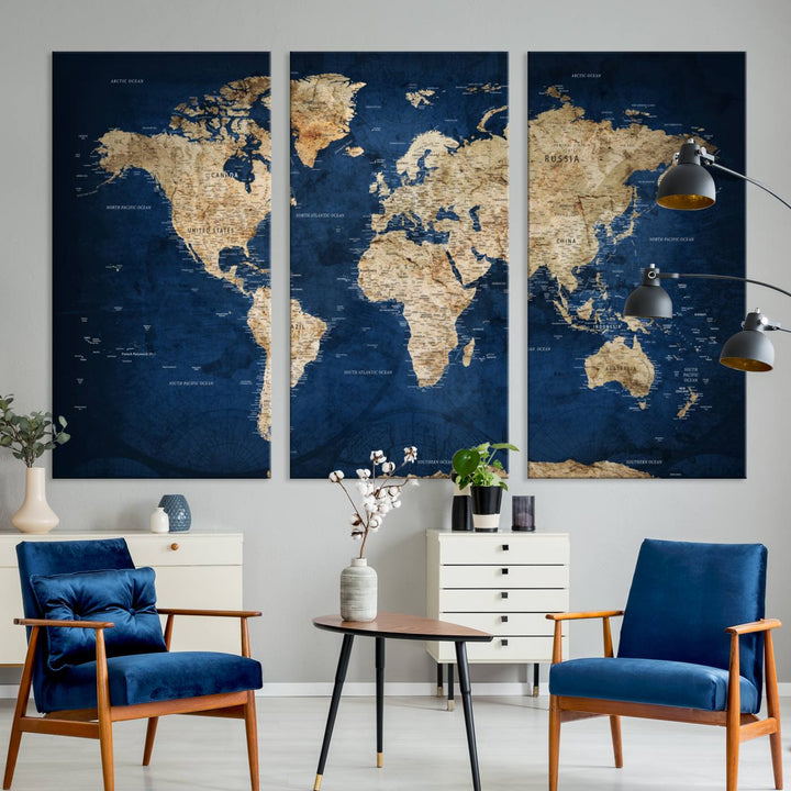 A personalized world map canvas print hangs above.