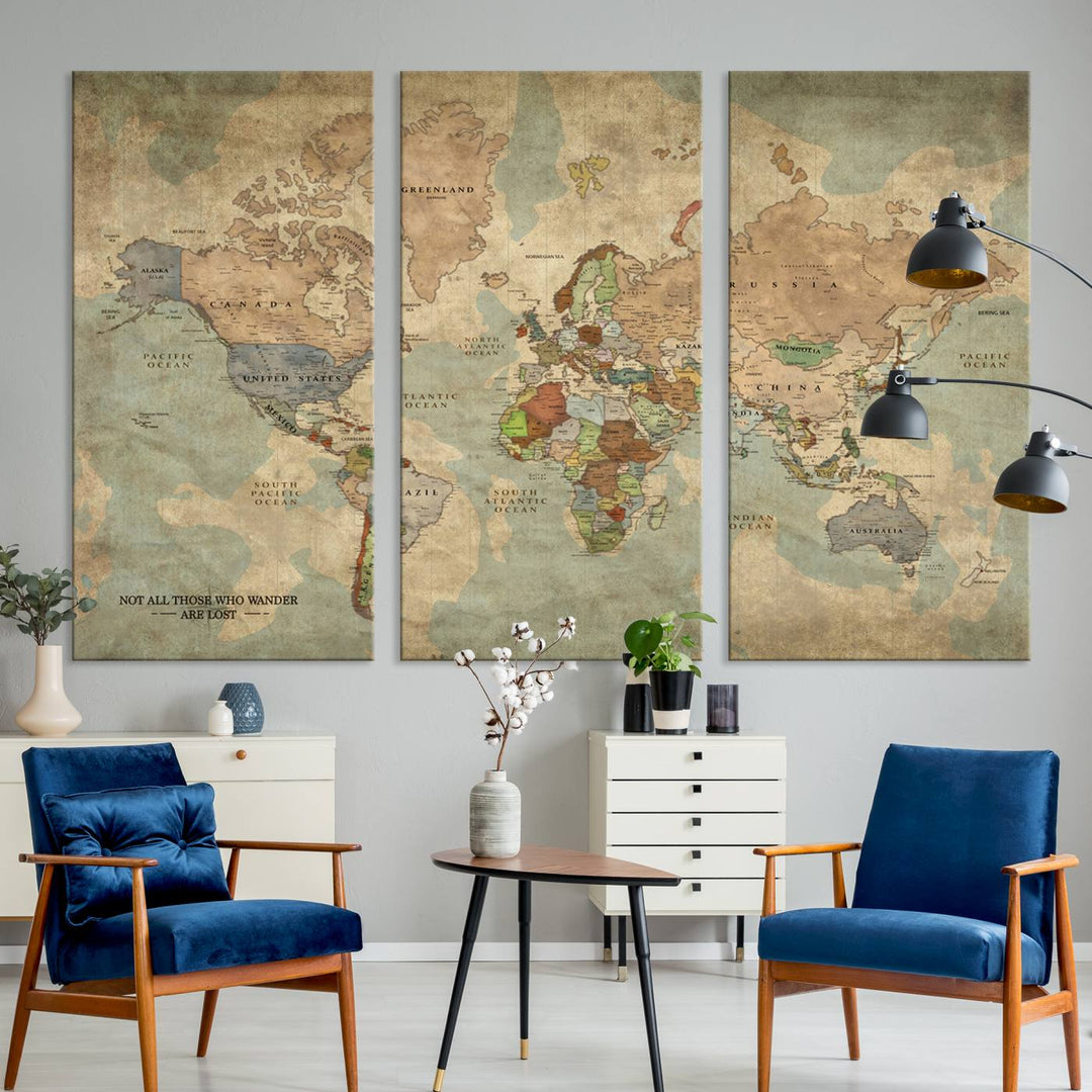 A Personalized World Map Canvas Print in vintage style enhances the setting with its artistic charm.