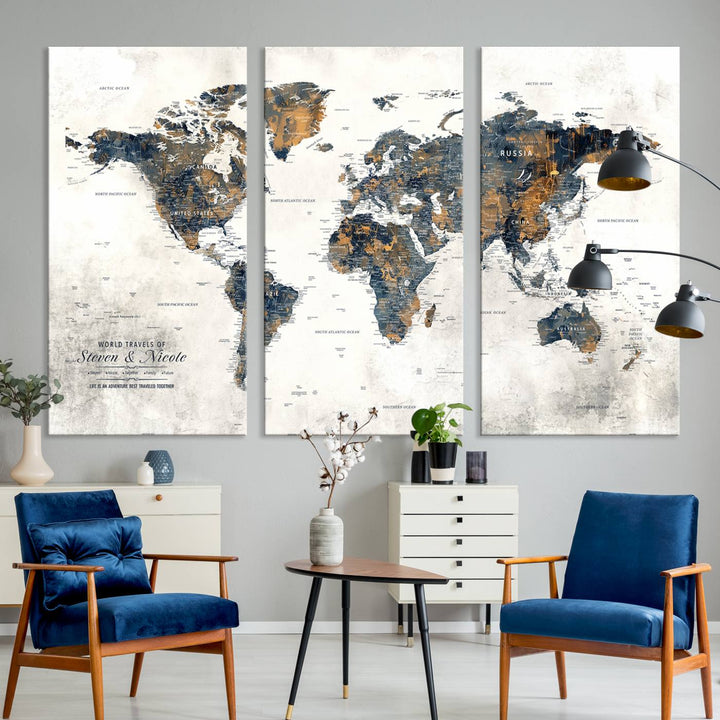 A smiling woman proudly holds the Personalized Push Pin Map Wall Art Print - Detailed Custom World Map Canvas Print in front of a white wall, perfect for travel enthusiasts eager to mark their adventures.