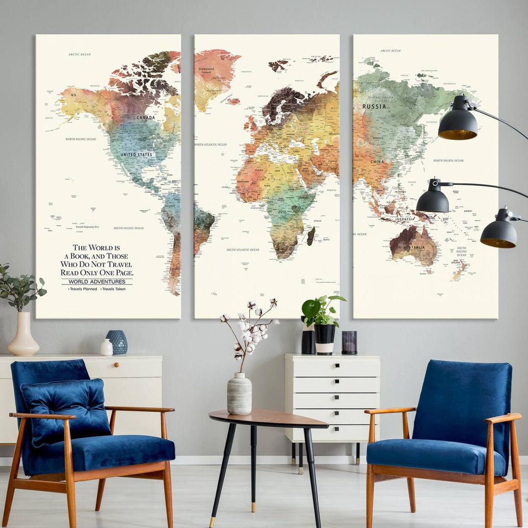 A colorful Personalized World Map Canvas Print, ideal as wall art for living room or office.