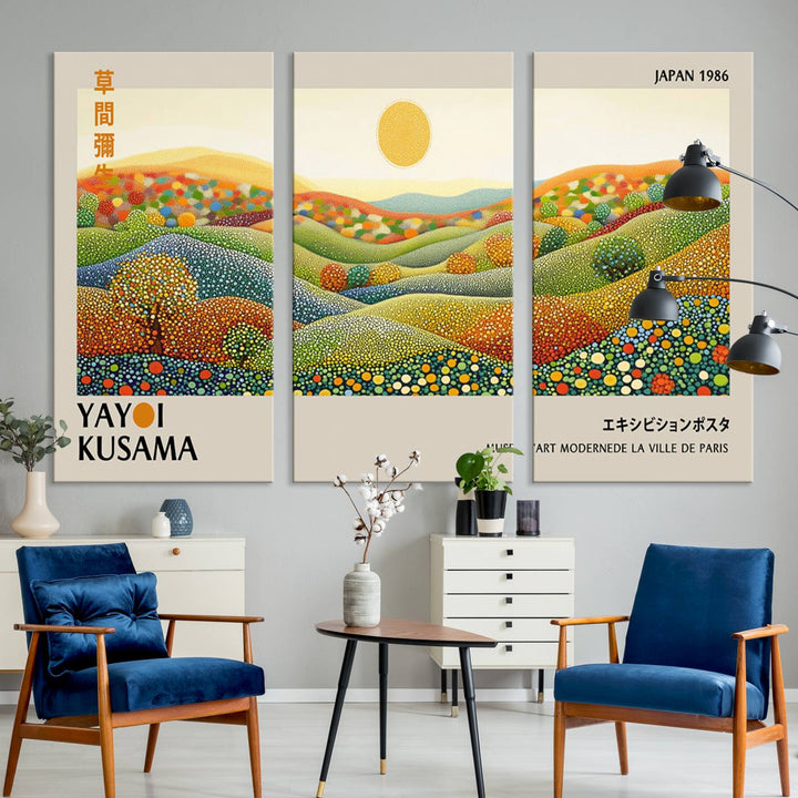 The Yayoi Kusama Wabi Sabi Japanese Wall Art Print features a vibrant landscape with dots, sun, and mountains.