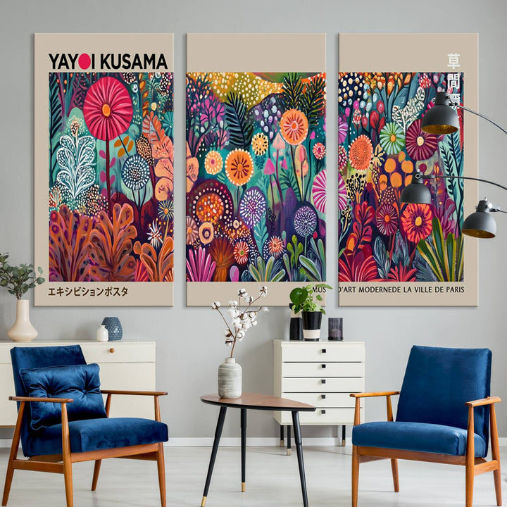 A framed "Yayoi Kusama Wall Art Canvas Print" showcases an abstract floral design, reflecting Japanese aesthetics.