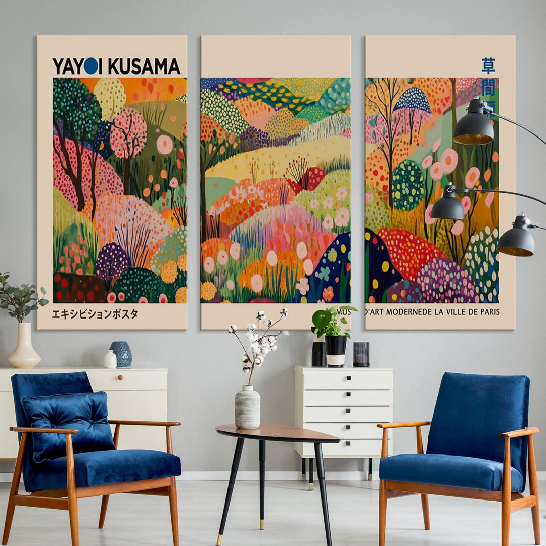 A framed Yayoi Kusama Wall Art Canvas Print features a vibrant abstract landscape adorned with flowers.