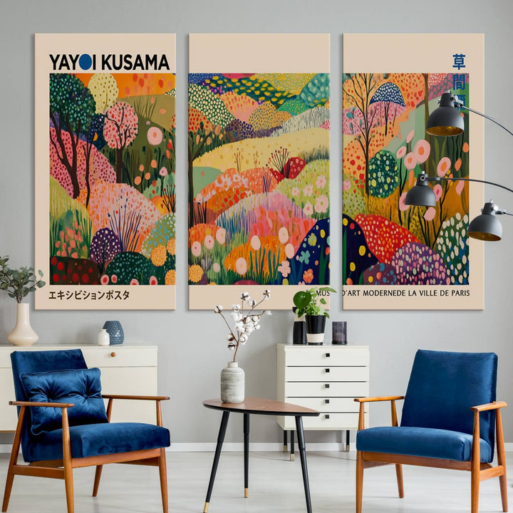 A Yayoi Kusama Wall Art Canvas Print featuring vibrant abstract floral patterns is displayed in a tranquil forest setting.