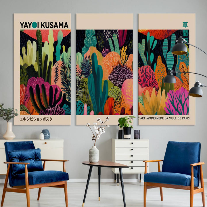 A vibrant Yayoi Kusama Wall Art Canvas Print showcases intricate abstract flora on a light background.