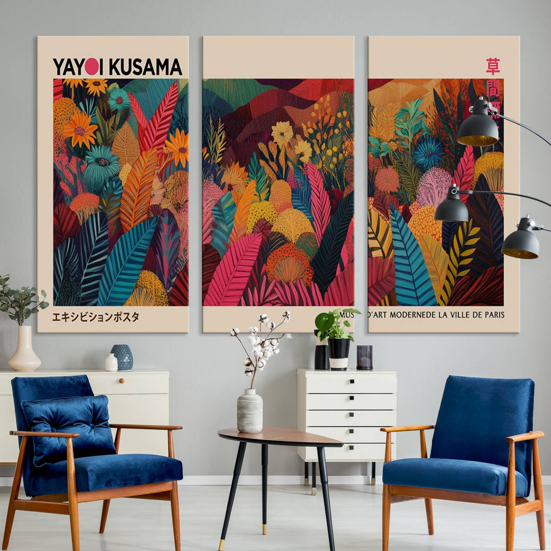 The Yayoi Kusama Inspired Wall Art Canvas Print features colorful flowers and foliage, presented with a premium canvas and gallery-quality finish.