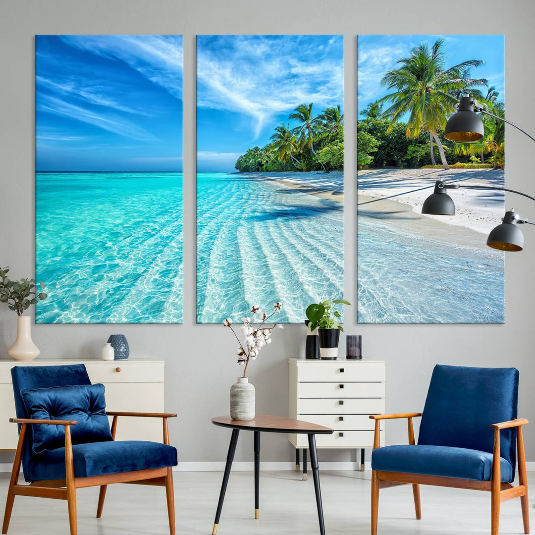 The Tropical Beach Wall Art Canvas Print showcases a serene ocean landscape with crystal clear turquoise water and palm trees, beautifully enhancing the coastal decor.