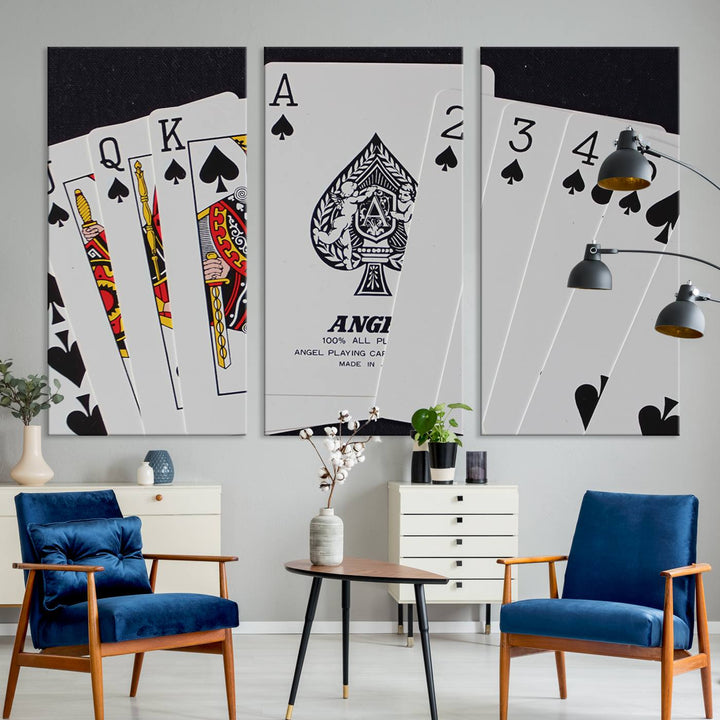 The oversized Poker Wall Art features the Ace of Spades and is displayed on a porch.