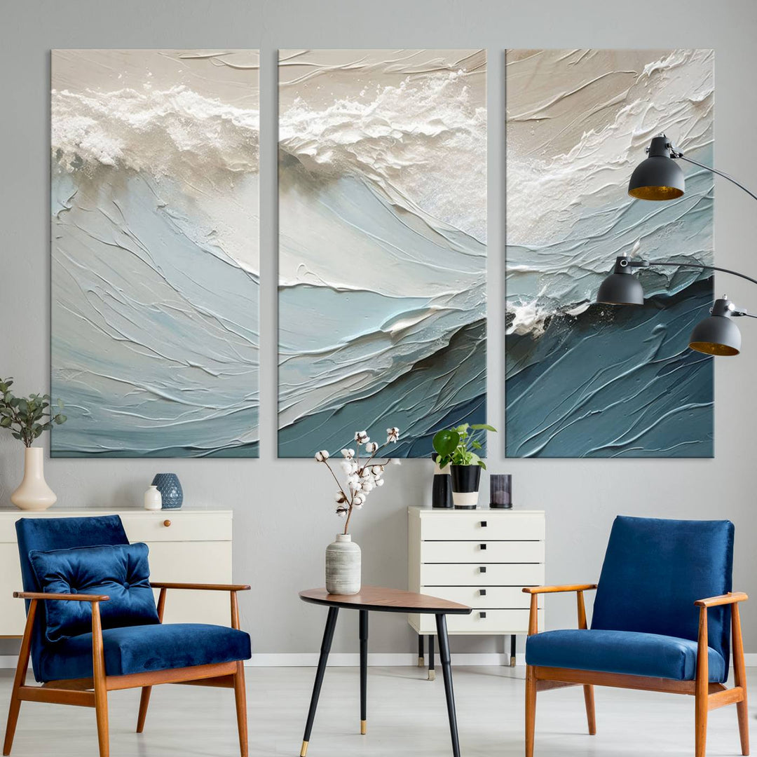 The Waves Abstract Wall Art Print, a captivating piece of modern framed abstract canvas, beautifully decorates the wall. This abstract painting is designed to enhance your living room decor and offers the convenience of being ready to hang.