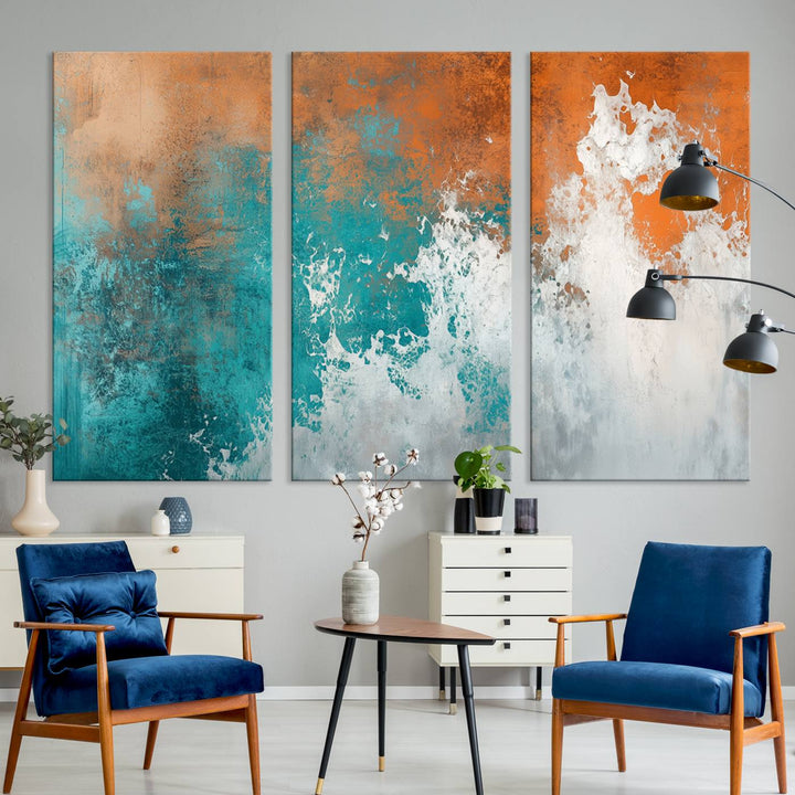 Vintage Abstract Print - Bold Teal and Orange Canvas Wall Art - Retro-Vintage Abstract Orange Canvas for Modern Decor