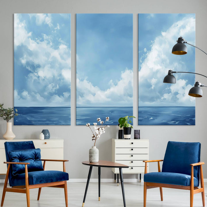 Abstract Ocean Print - Serene Blue Canvas displayed on a porch featuring minimalist decor.