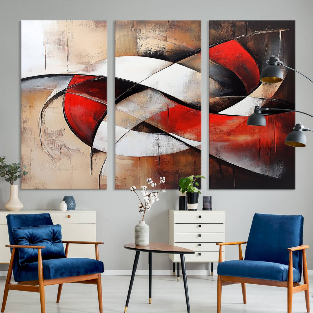 In a contemporary living room, the sunlight casts artistic shadows and highlights an abstract triptych wall art featuring bold red and white geometric shapes.