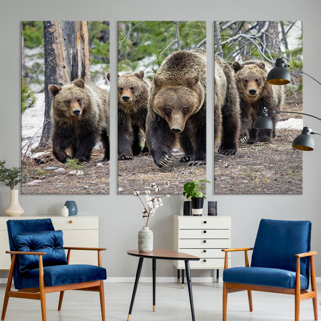 The Grizzly 399 and Cubs in Wild Flowers Wall Art Canvas Print, depicting grizzly bears amidst wildflowers, is elegantly displayed.