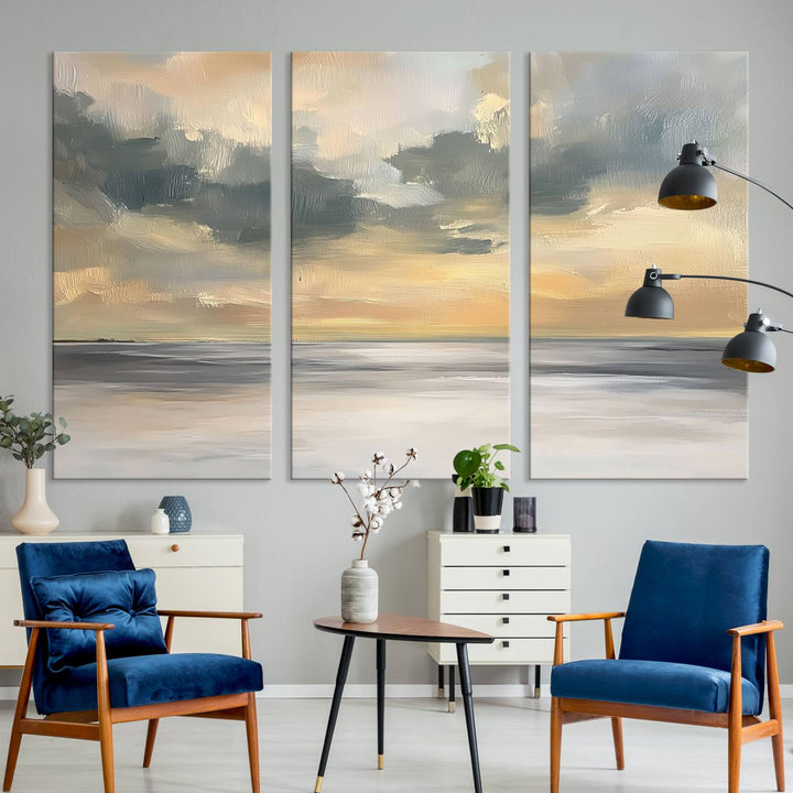 The Modern Coastal Wall Art Canvas Print features vibrant abstract ocean waves and clouds.