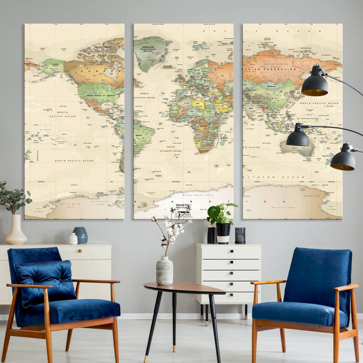 The Large Push Pin World Map Wall Art Canvas Print, with a gallery-quality finish, is carefully crafted on premium canvas and handmade in the USA. This piece adds a touch of elegance to any space.