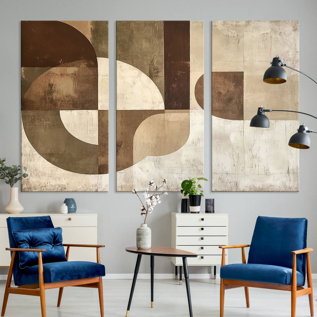 A Wabi Sabi Geometric Minimalist Wall Art Canvas Print—with a modern abstract geometric design in brown and beige tones—stands proudly in front of a house.