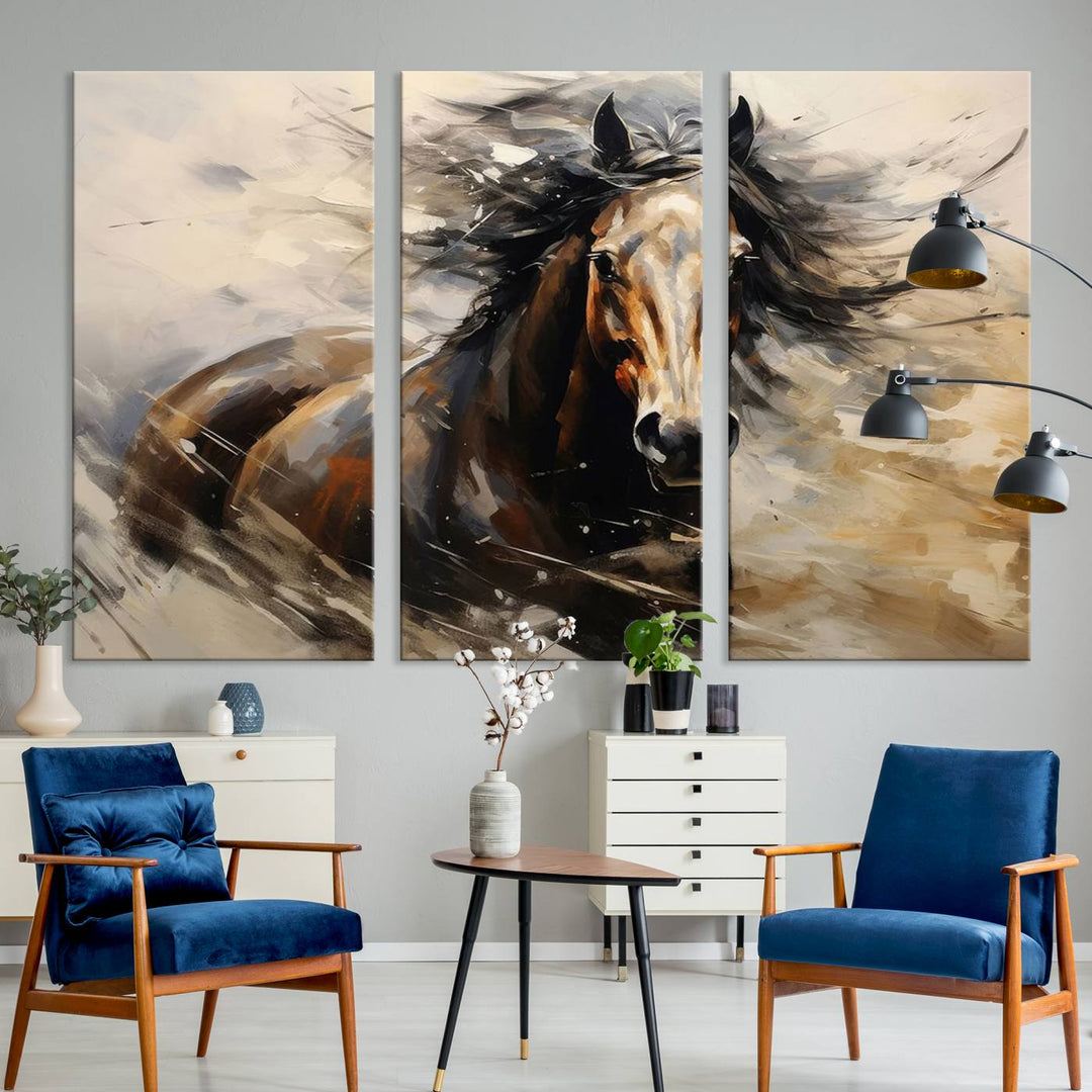 The Abstract Wall Art Horse Print adds rustic charm.