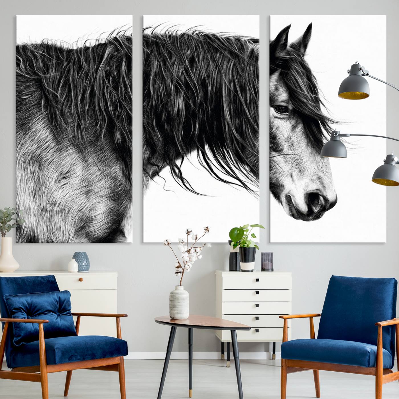 A stunning black-and-white portrait of a horse with a flowing mane, captured in dramatic detail and emotion.