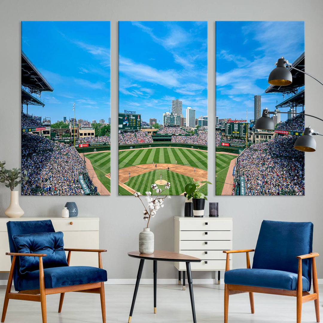 The Wrigley Field Chicago Cubs canvas art, depicting the iconic stadium, is perfect for sports lovers.