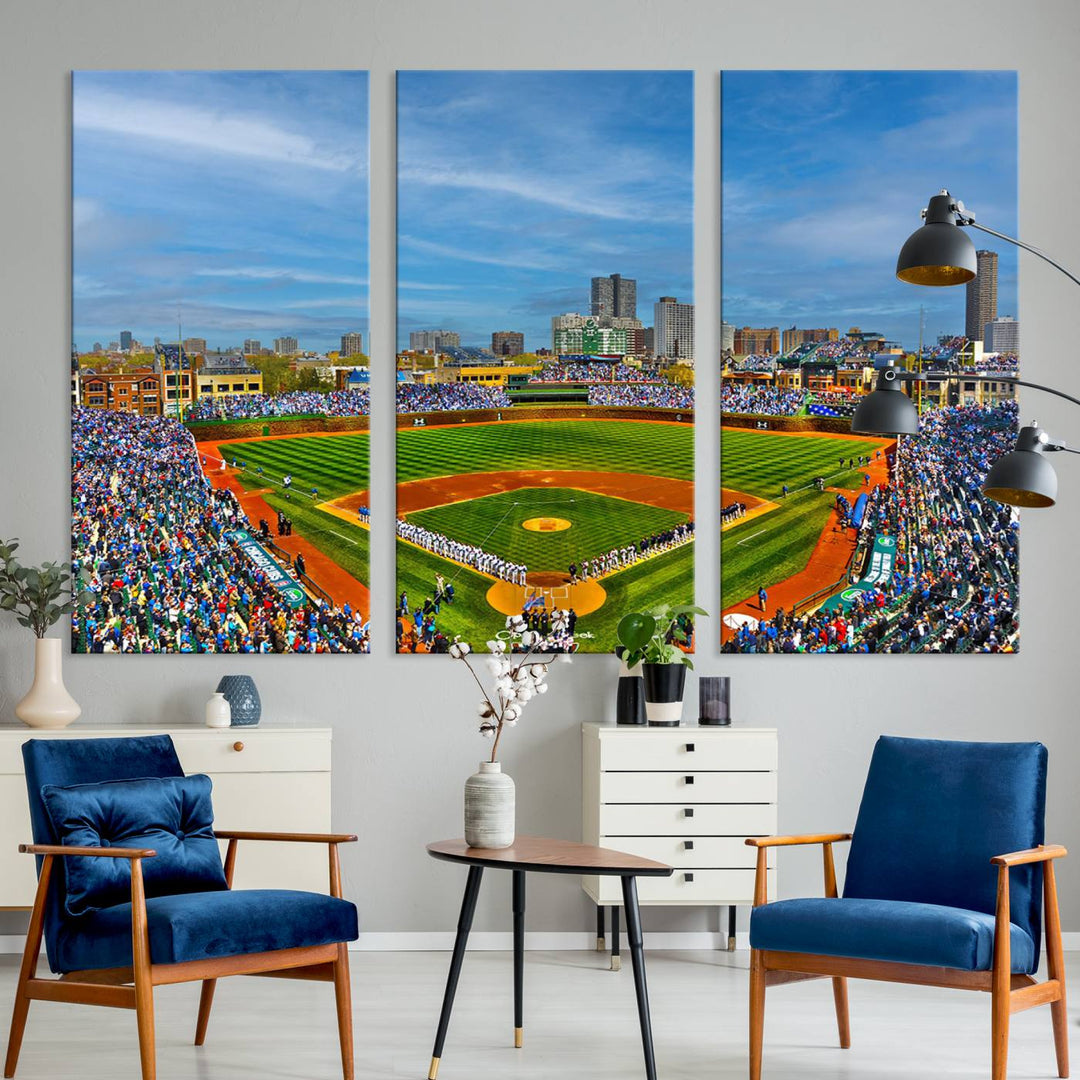 The Wrigley Field Cubs Panoramic Canvas Art hangs prominently in the modern living room.