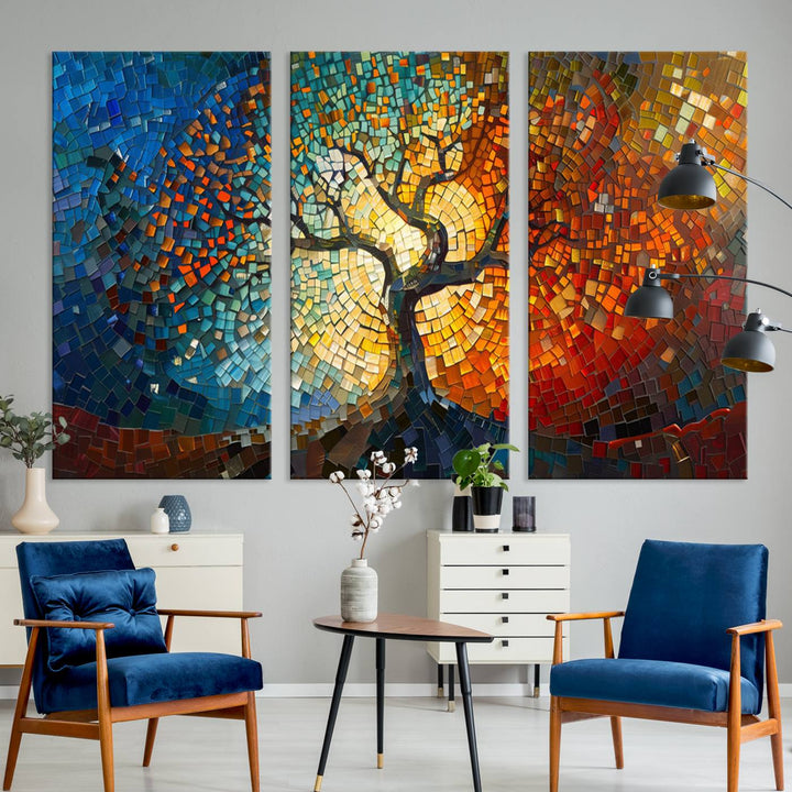 Mosaic Tree Canvas Wall Art: A stunning stained glass-inspired Tree of Life featuring blue and orange swirling patterns reminiscent of a sunburst.