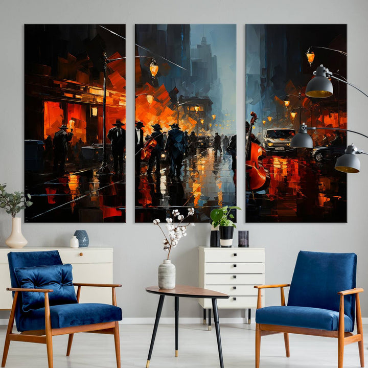 Framed Abstract Music Canvas: Jazz musicians on a rainy city street at night, with warm lights reflecting on wet pavement.