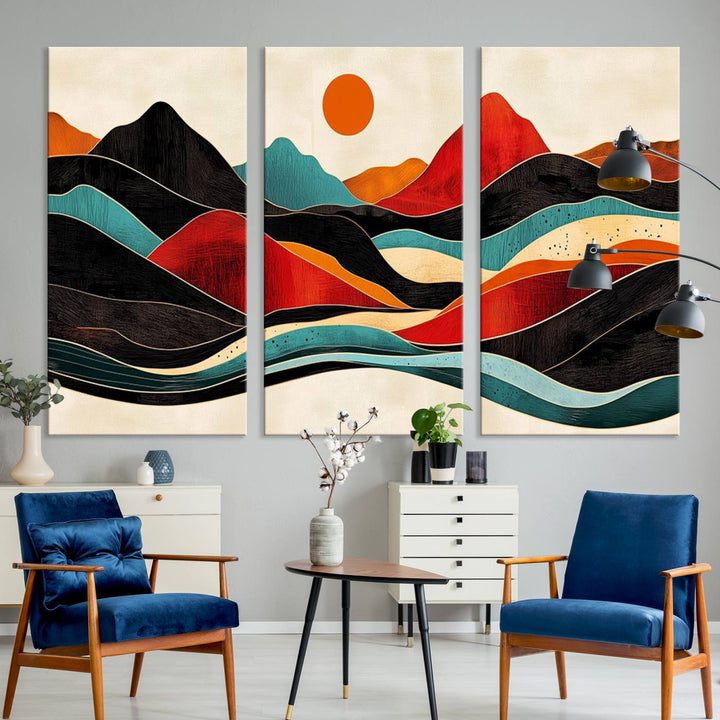 The Colorful Western Triptych Canvas features a vibrant mountain and sun design, making it perfect for modern kitchens or log cabin walls.