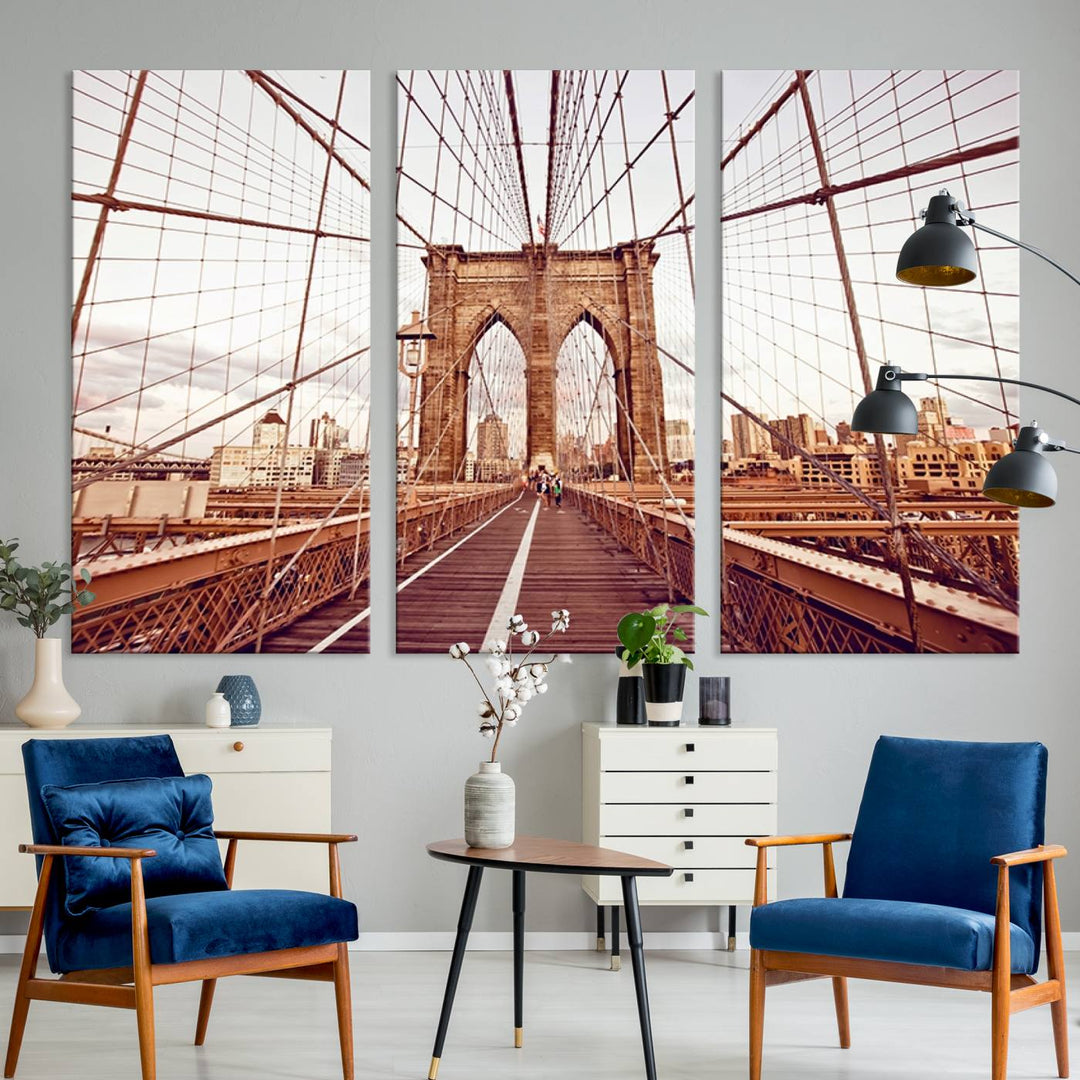 The three-panel "Wall Art New York Manhattan Cityscape Canvas Print" of the Brooklyn Bridge makes an ideal addition to minimalist interiors, capturing the essence of abstract expressionism.