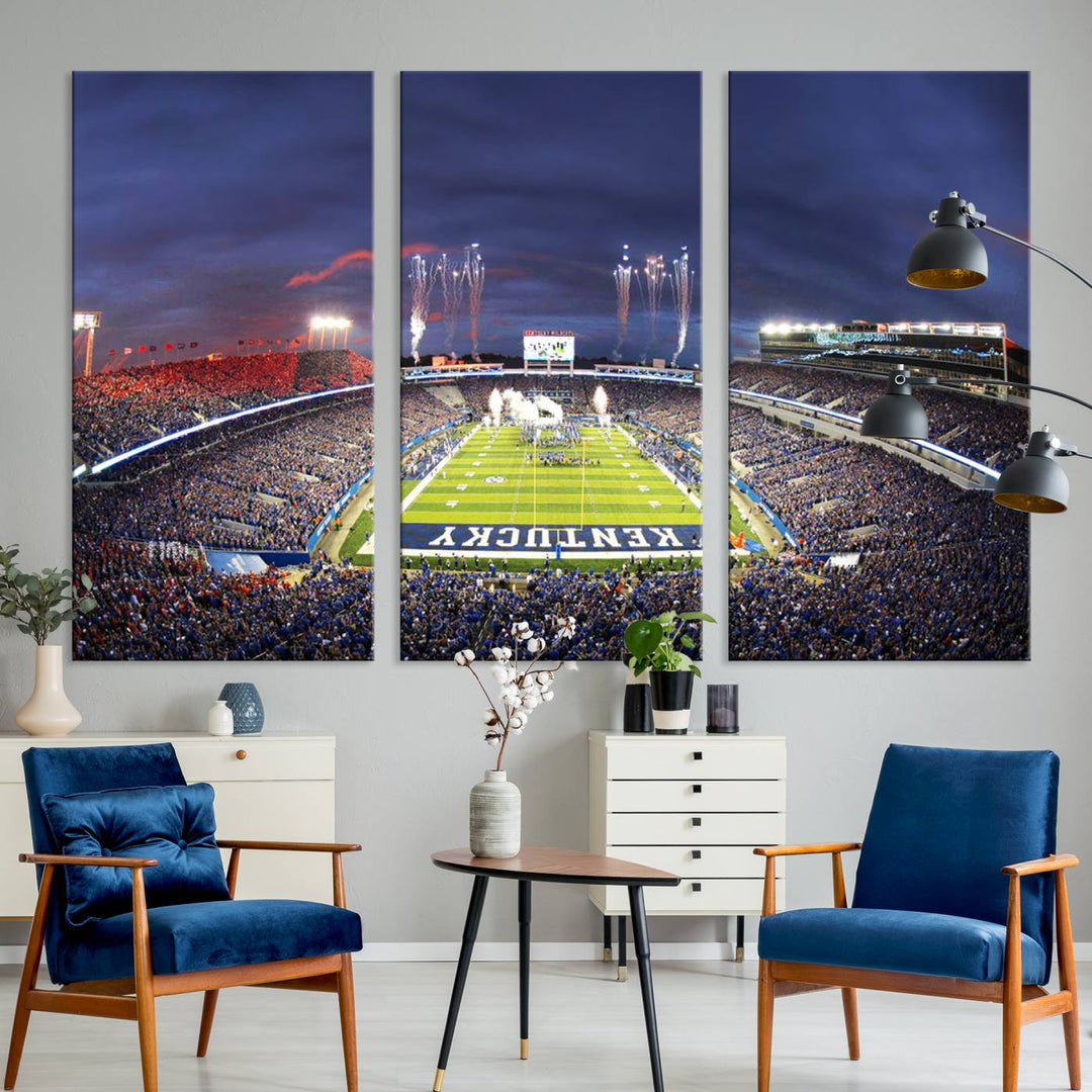 A filled stadium at dusk and fireworks overhead are beautifully captured in the Kroger Field Canvas Wall Art - Sunset Football Stadium Decor.