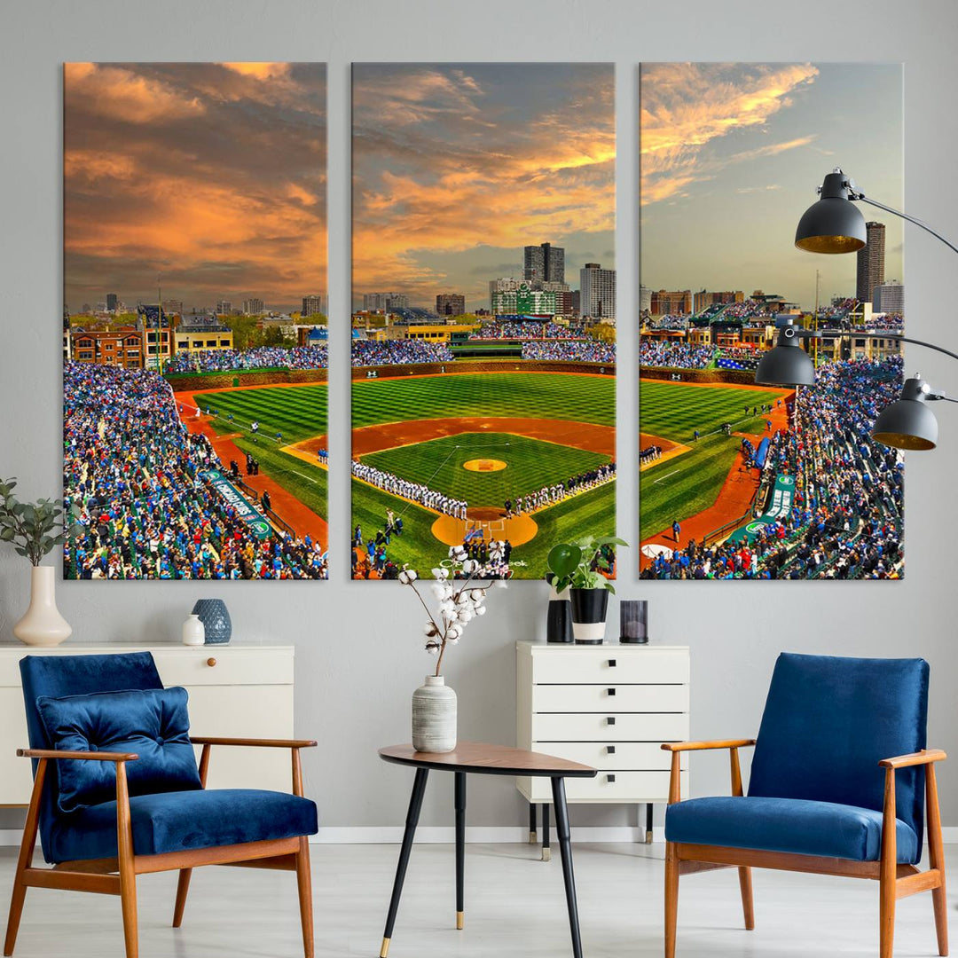 Aerial view of Wrigley Field at sunset against a vibrant sky, creating the perfect Chicago Wrigley Field Canvas Wall Art.