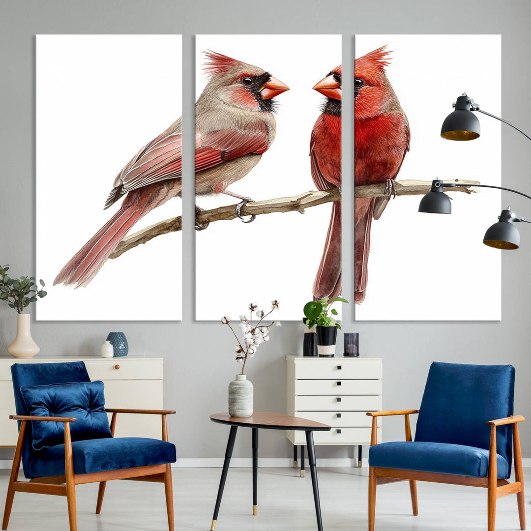 The Cardinal Bird Canvas Wall Art showcases two cardinals on a branch.