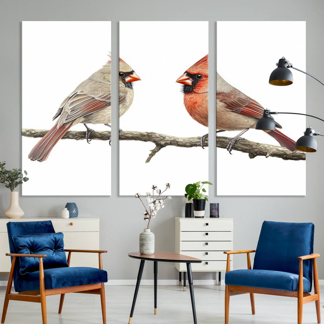 A Cardinal Canvas Wall Art print of cardinals on a branch hangs prominently.