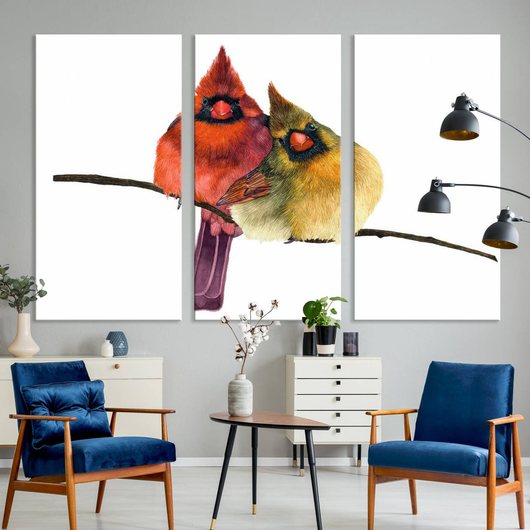 The Cardinal Bird Canvas Wall Art showcases vibrant male and female cardinals, capturing the beauty of nature in vivid detail.