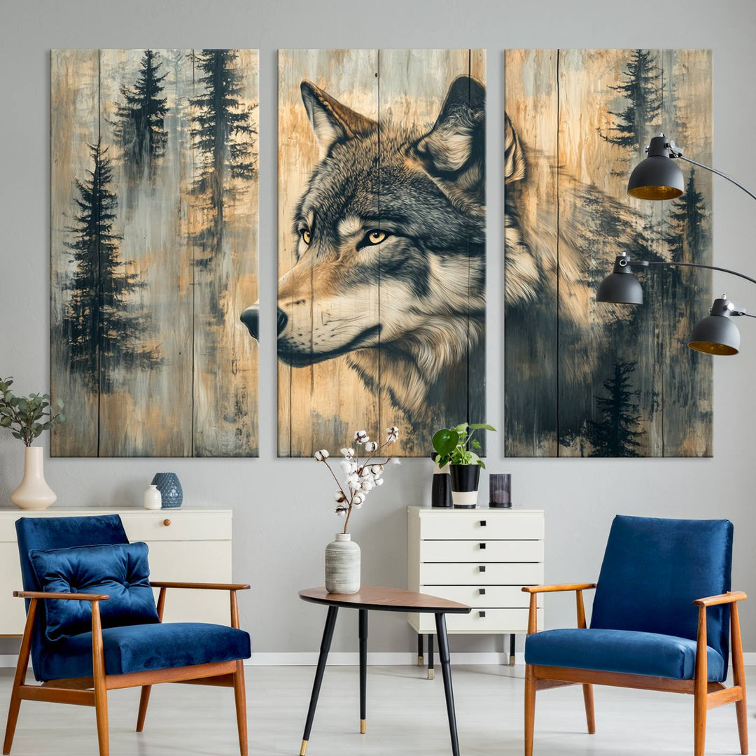 A Wood Style Rustic Wolf Wall Art Canvas Print adorns the kitchen.