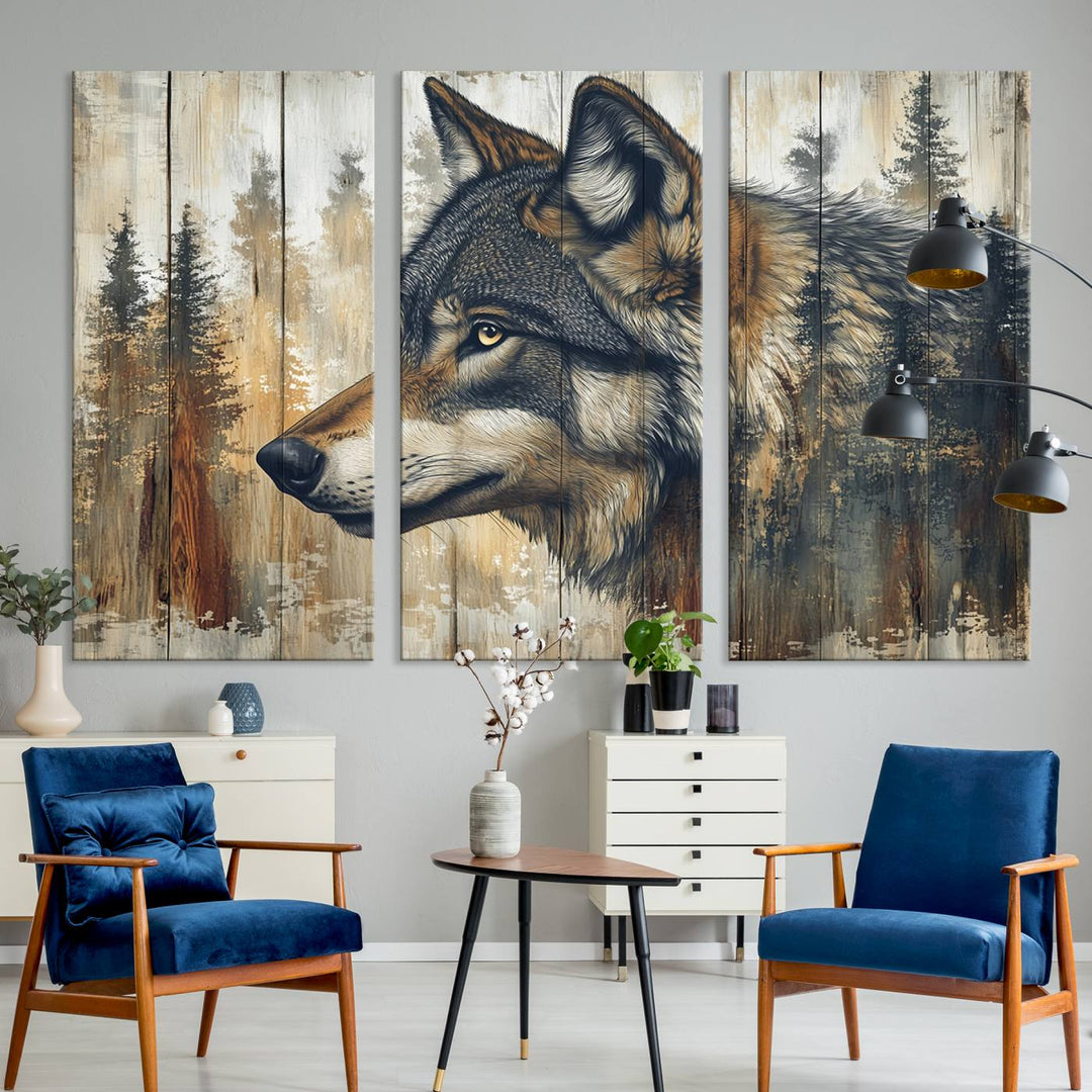 A kitchen dining area features Rustic Wolf Wall Art.