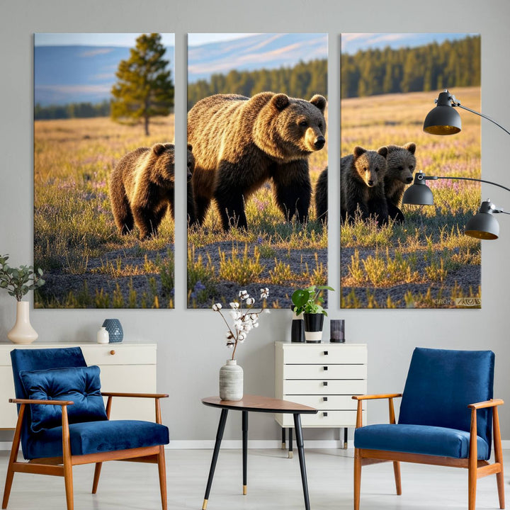 The dining room showcases the Grizzly 399 in Wild Flowers wall art.