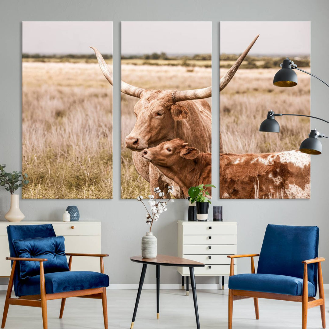 Dining area featuring a Texas Longhorn Cow Wall Art Canvas Print.