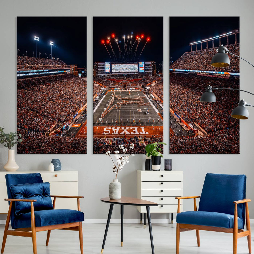 A Texas Memorial Stadium canvas print with fireworks embellishes the modern living room.