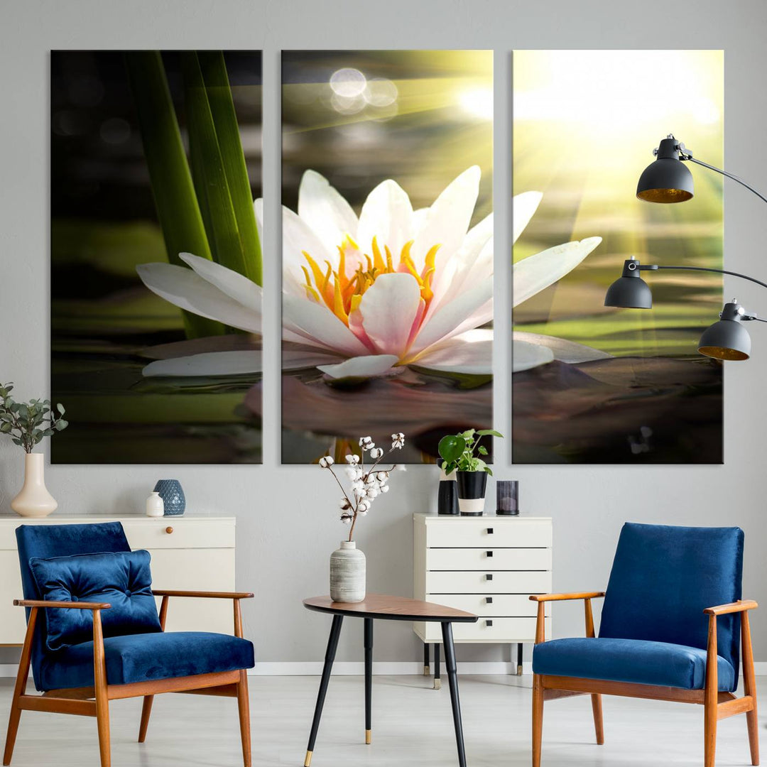 The Lotus Flower Wall Art Canvas Print showcases a white water lily with a yellow center floating gracefully in sunlight.