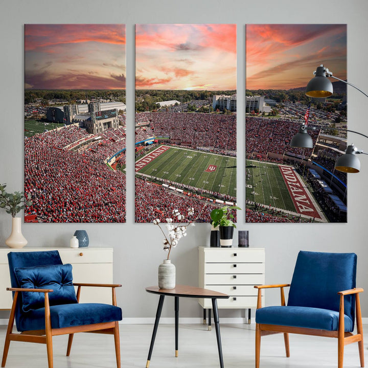 Gallery-quality Indiana Memorial Stadium Wall Art Canvas: A stunning view of the stadium at sunset.