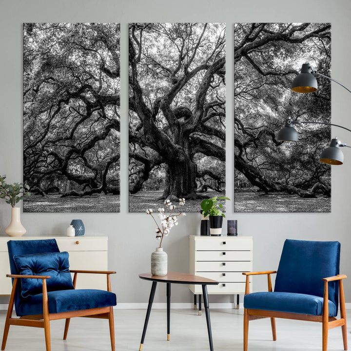 The Black and White Old Angel Oak Tree Canvas Print enhances the modern dining room.