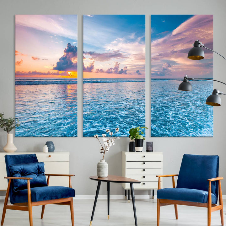 An Ocean Sunset Canvas Wall Art depicting a vibrant sky and rolling waves.