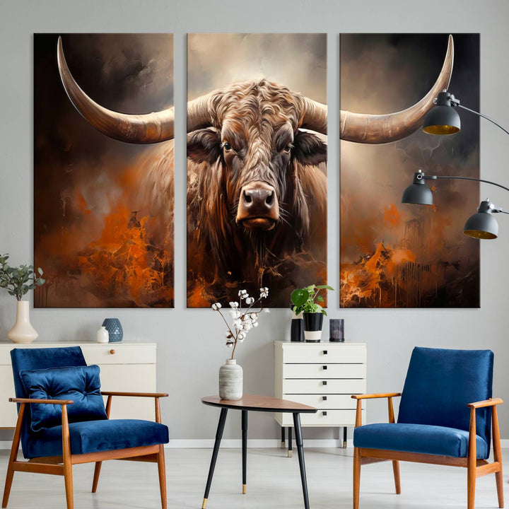 A Highland Bull with striking horns is depicted in a fiery abstract style on a ready-to-hang wall art canvas, evoking strength.