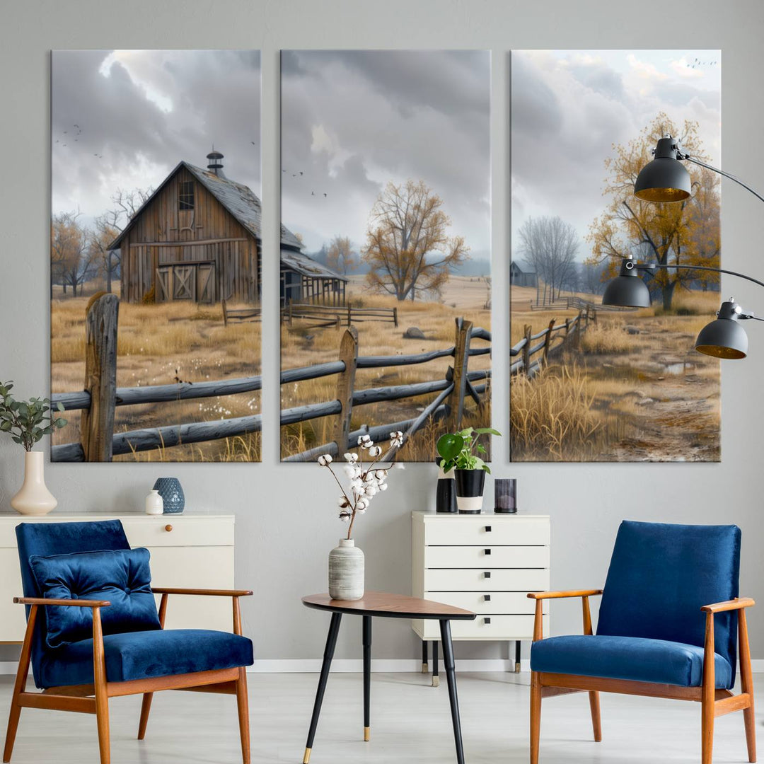 Rustic Autumn Farmhouse Wall Art – Weathered Barn & Trees Canvas Print, featuring a serene scene with birds in the sky. This piece is ready to hang.