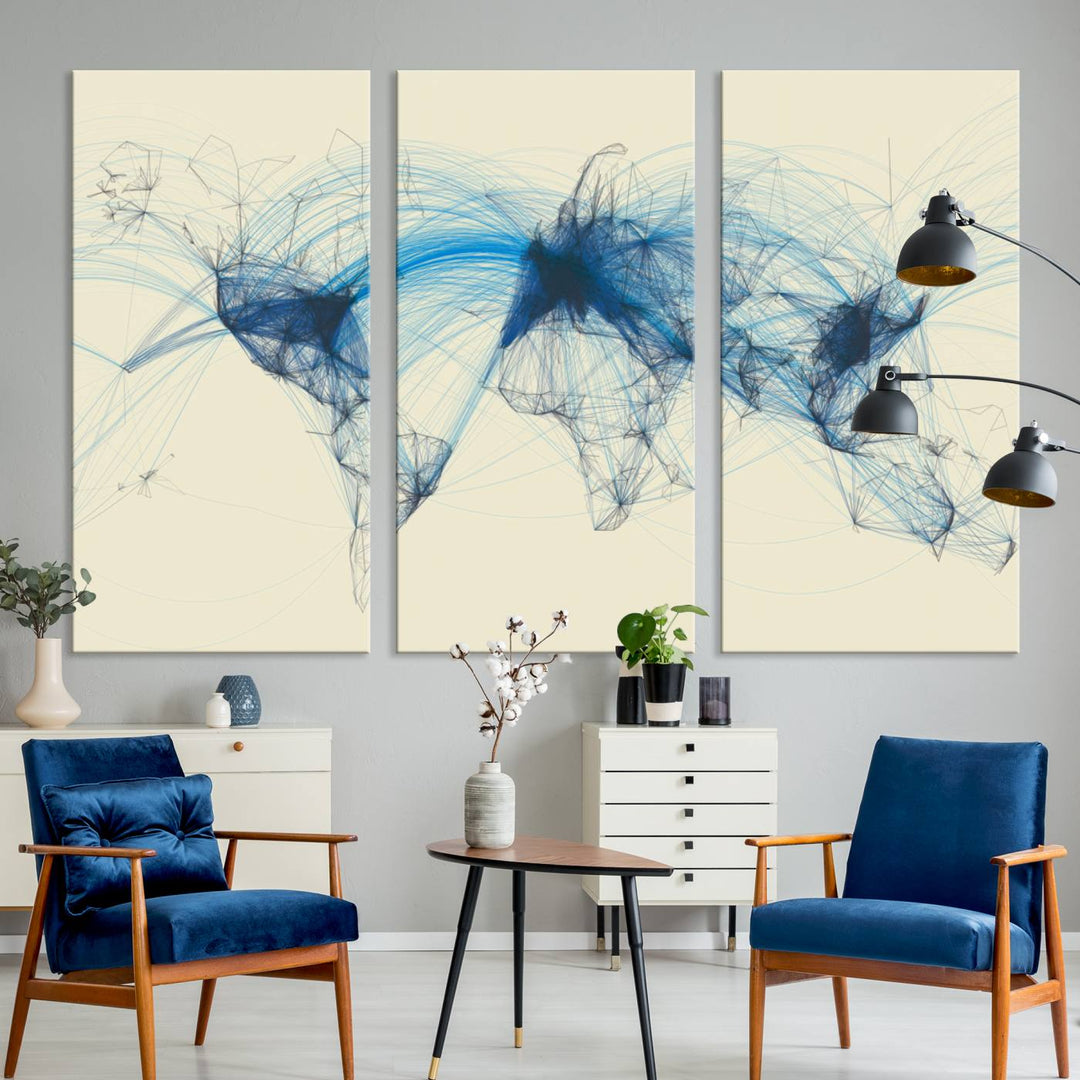 Flight Routes Map: Air Traffic Avi World Map featuring blue lines symbolizing global data. Ideal for home decor and ready to hang.