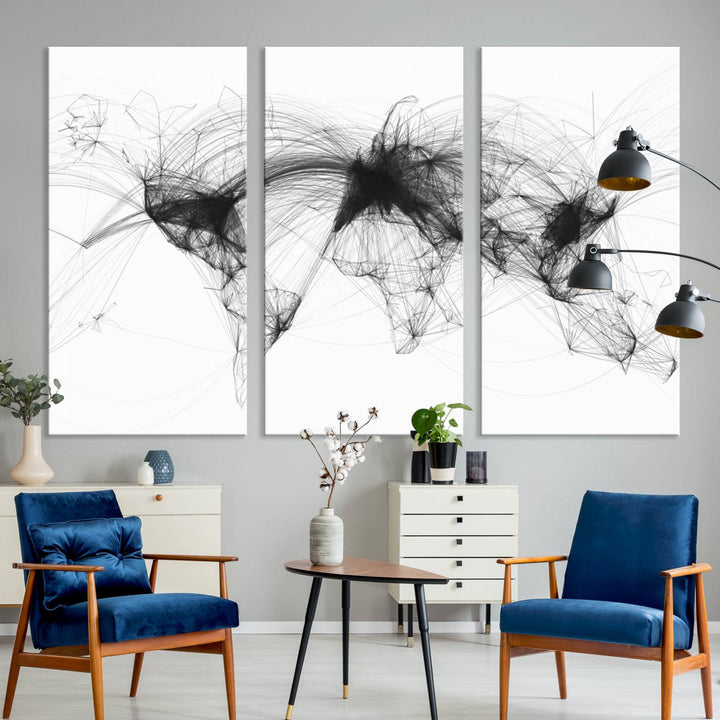 The Flight Routes Air Traffic canvas wall art, framed and ready to hang, is perfect for aviation enthusiasts.