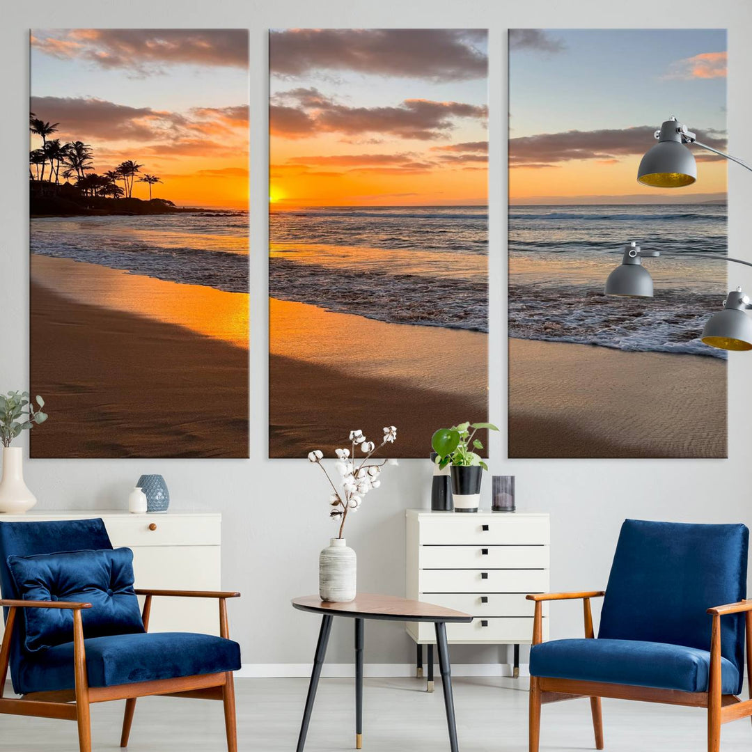 Sunset Wall Art Print featuring a beach sunset with waves and palms, perfect for coastal decor.