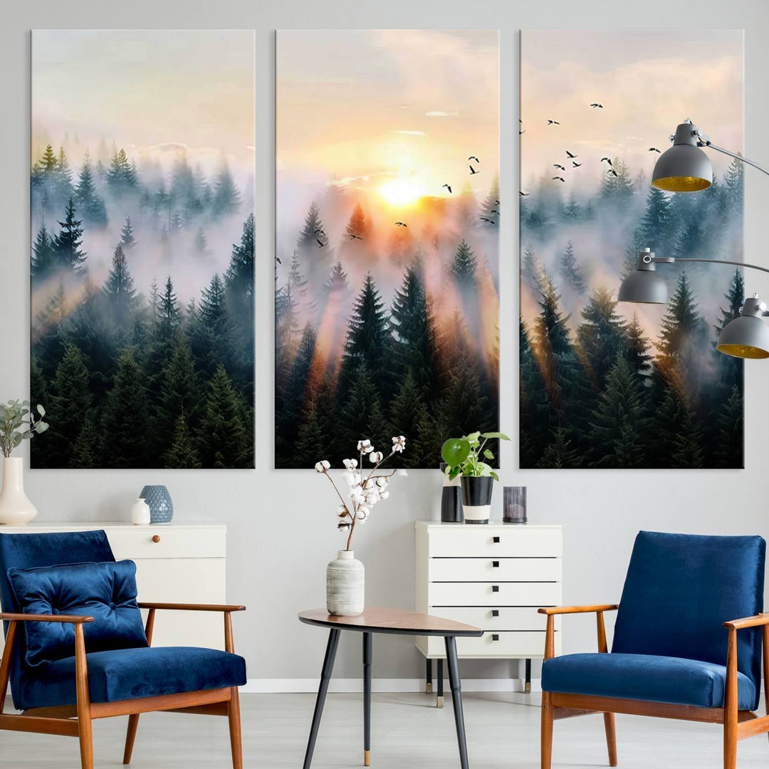 Sunrise over a misty forest with rays filtering through trees in the Abstract Forest Wall Art featuring soaring birds.