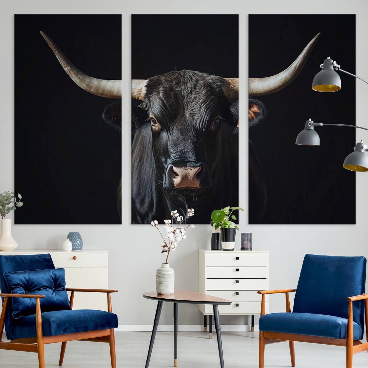 Canvas of a black longhorn bull against a dark background, featuring moody tones and western character for rustic or cowboy-inspired spaces.